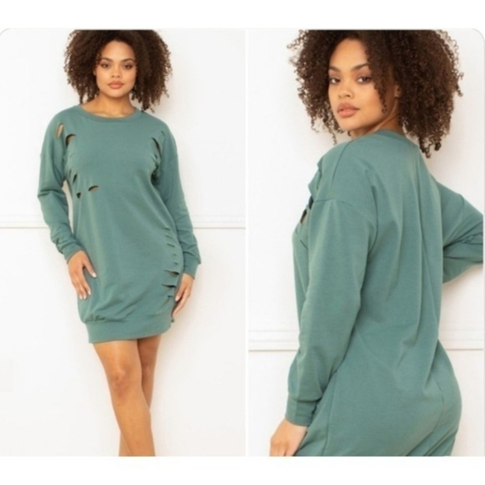 Distressed Teal Sweatshirt‎ Oversized Long Sleeve Tunic Size L